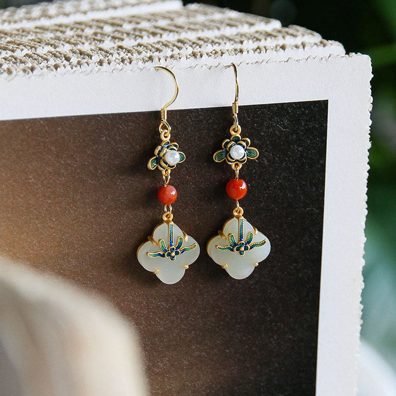 Nimara Ritual Lucky Four Leaf Clover Jade Abundance Copper Earrings