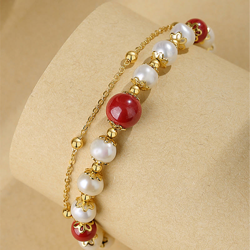 Nimara Ritual 925 Sterling Silver Pearl Cinnabar Wisdom Bead Double Layer Chain Bracelet
