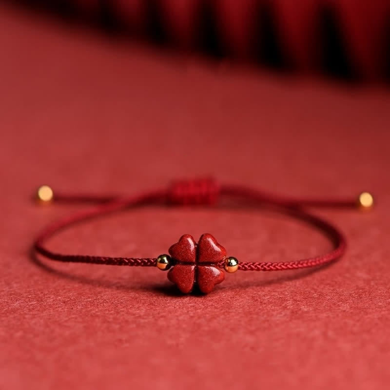 Nimara Ritual Natural Cinnabar Four Leaf Clover Blessing Red String Bracelet Anklet
