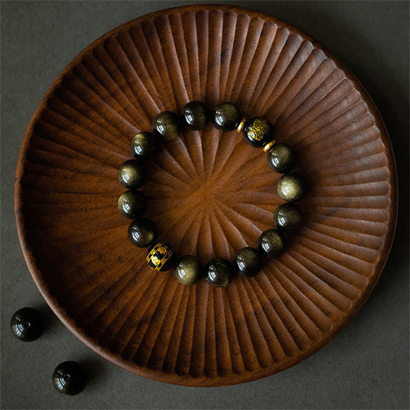 Nimara Ritual Chinese Zodiac Natal Buddha Gold Sheen Obsidian Wealth Protection Bracelet