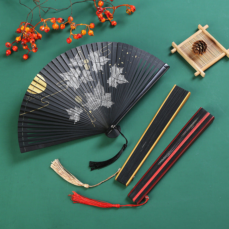 Nimara Ritual Vintage Cloud Crane Maple Leaf Pattern Handheld Bamboo Folding Fan