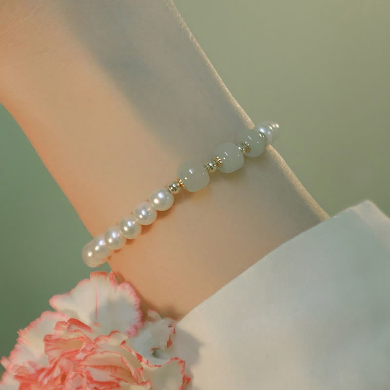 Nimara Ritual 14K Gold Plated Natural Pearl Hetian Cyan Jade White Jade Sincerity Bead Chain Bracelet