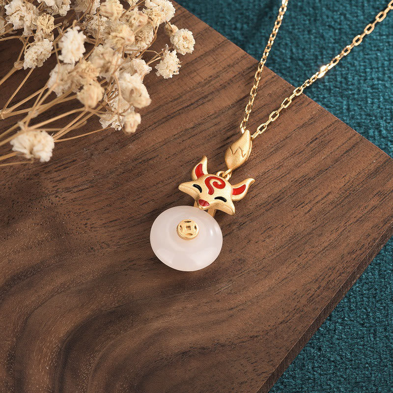 Nimara Ritual White Jade Fox Copper Coin Protection Luck Necklace Pendant