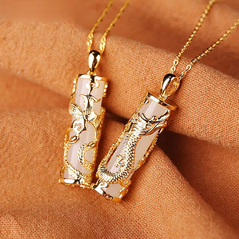 Nimara Ritual Jade Dragon Phoenix Copper Blessing Harmony Necklace Pendant