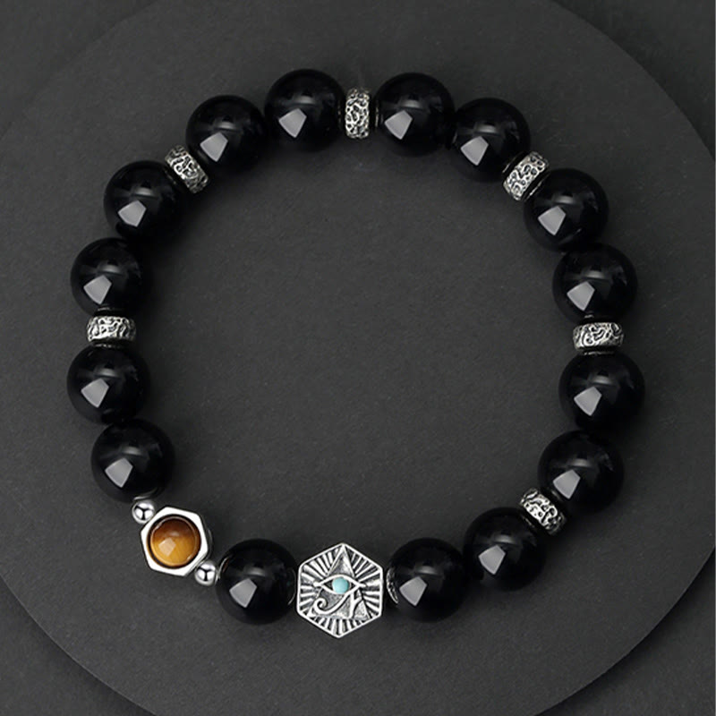 Nimara Ritual 925 Sterling Silver Black Obsidian Tiger Eye Eye of Providence Purification Bracelet