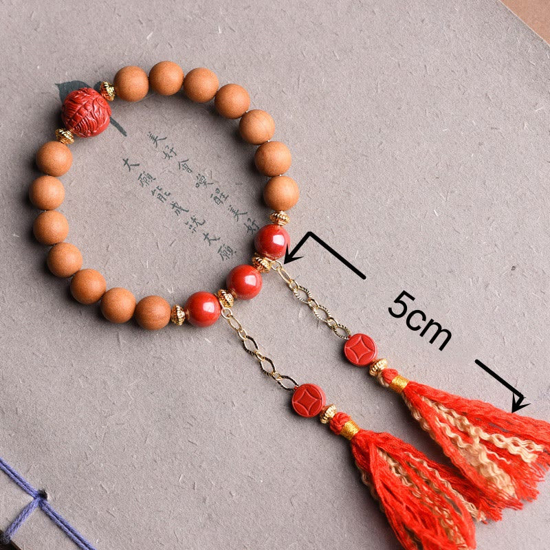 Nimara Ritual Tibetan Natural Peach Wood Cinnabar PiXiu Wealth Tassels Bracelet