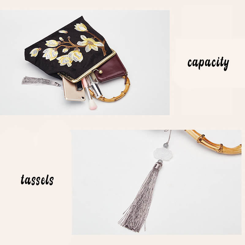 Nimara Ritual Plum Blossom Embroidery Bamboo Handle Handbag Crossbody Bag