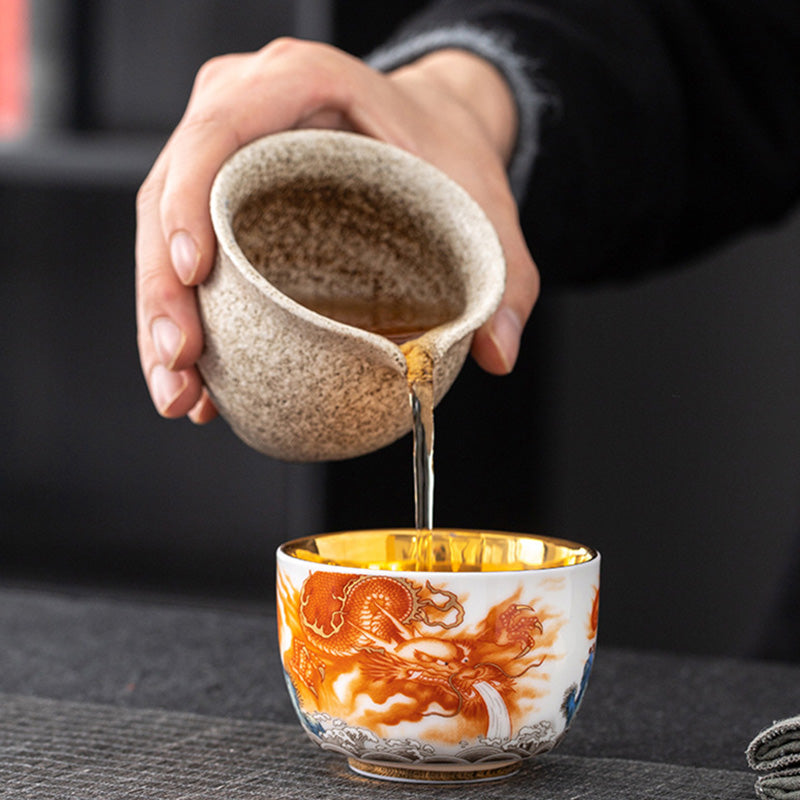 Nimara Ritual Dragon Phoenix Crane Sun Ocean Waves Gilt Ceramic Teacup Kung Fu Tea Cup 170ml