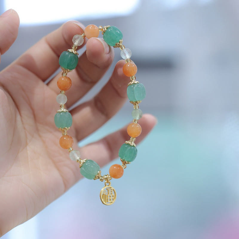 Nimara Ritual Natural Golden Silk Jade Pumpkin Bead Fu Character Charm Wealth Bracelet