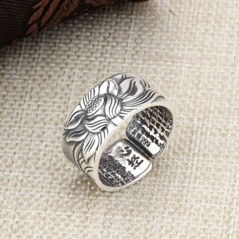 Nimara Ritual 999 Sterling Silver Lotus Symbol Heart Sutra Protection Ring