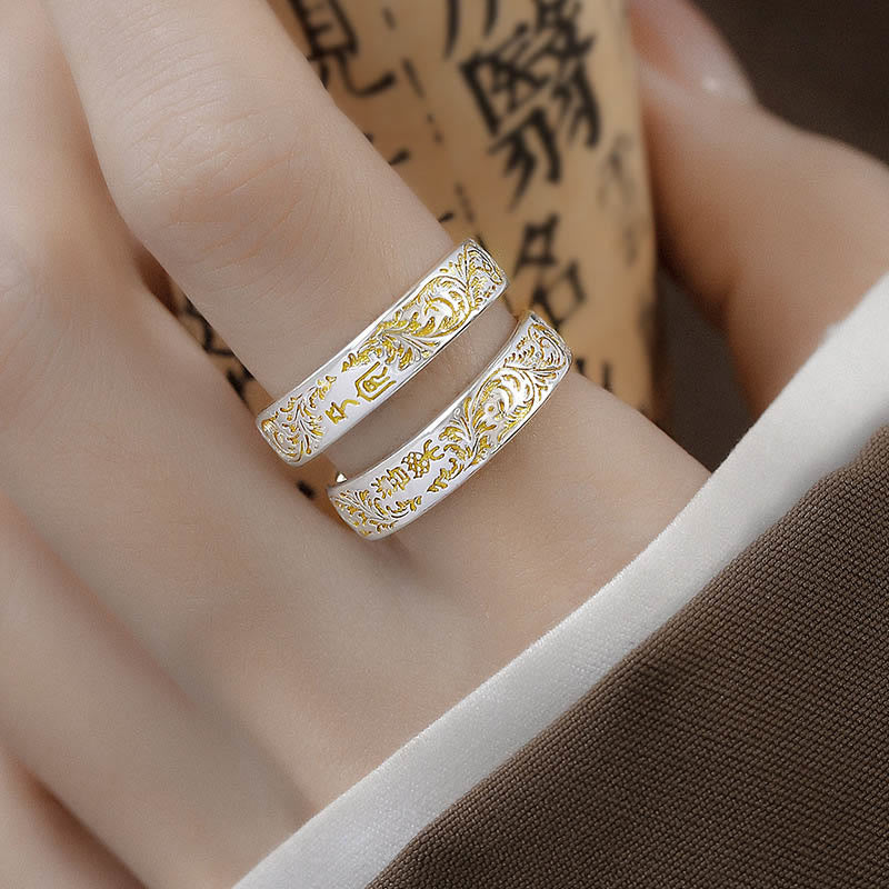 Nimara Ritual Peace and Joy Tang Dynasty Flower Design Lotus Heart Sutra Carved Copper Luck Adjustable Ring