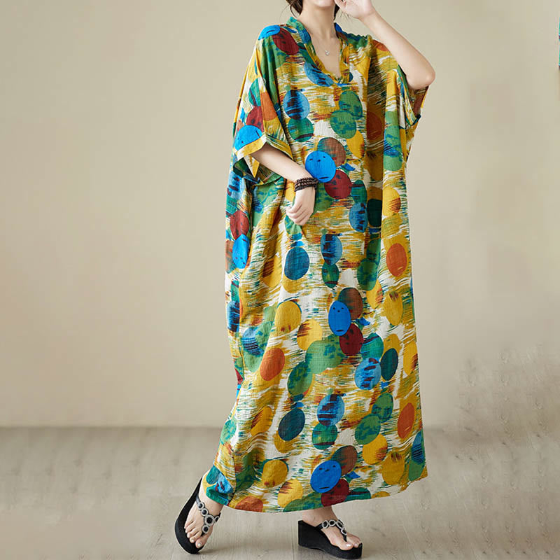 Nimara Ritual Orange Blue Colorful Polka Dots Midi Dress Cotton Half Sleeve Dress With Pockets