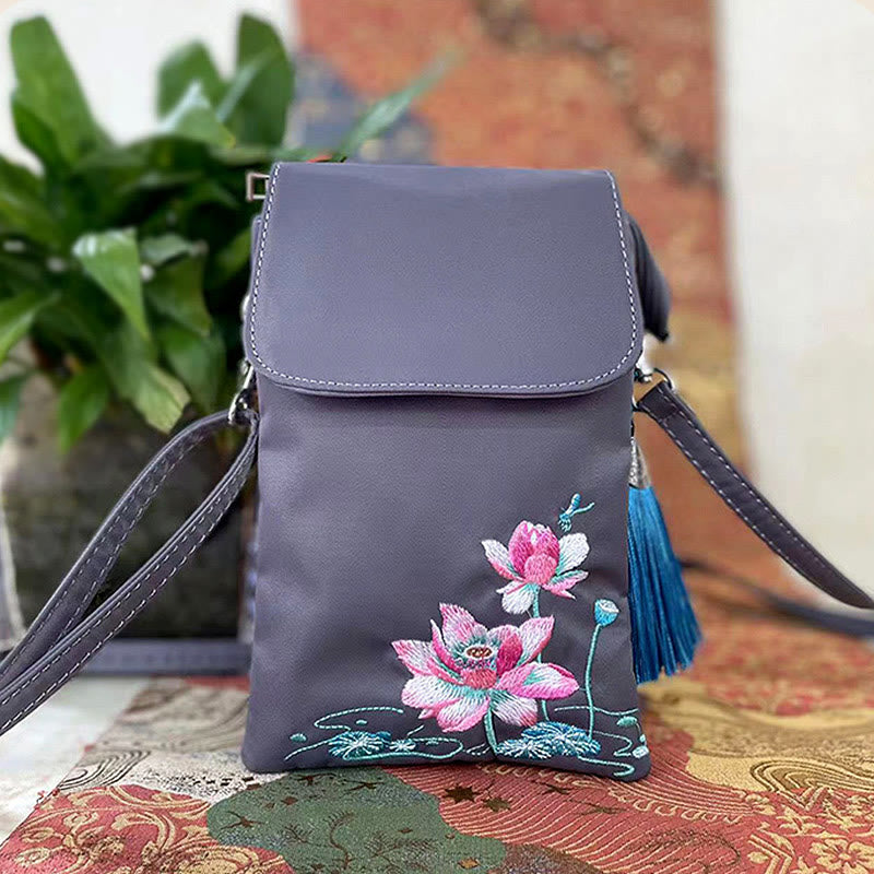 Nimara Ritual Waterproof Handmade Embroidered Lotus Flowers Crossbody Bag Shoulder Bag Cellphone Bag