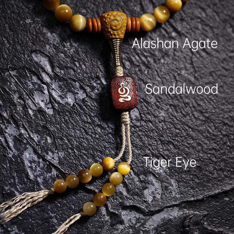 Nimara Ritual 108 Mala Beads Natural Tiger Eye Copper Dorje Protection Tassel Bracelet