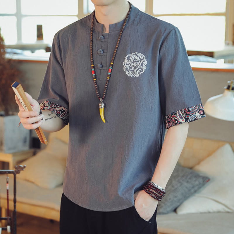 Nimara Ritual Frog-Button Dragon Embroidery Chinese Tang Suit Short Sleeve Shirt Men Clothing