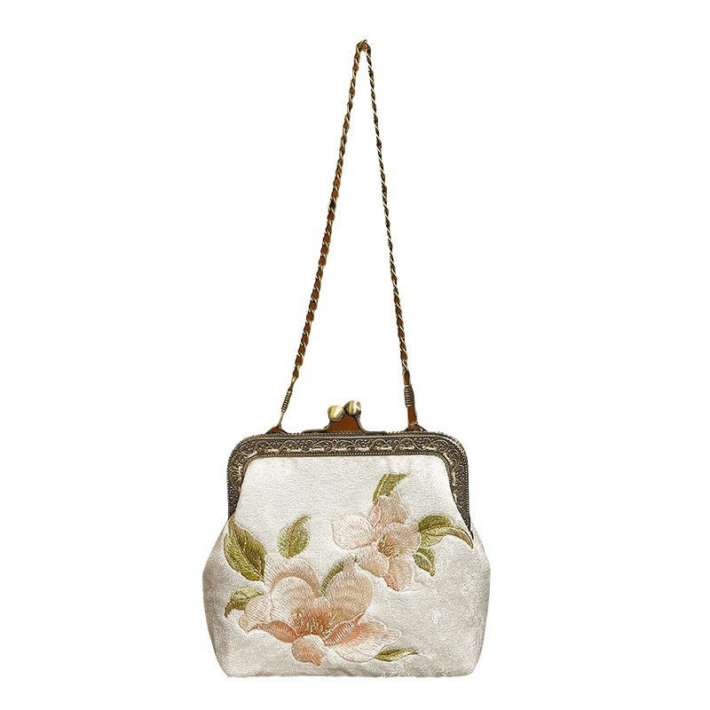 Nimara Ritual Orchids Oriental Cherry Butterfly Embroidery Metal Handle Handbag