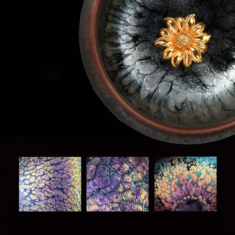 Nimara Ritual 24K Gold Inlaid Sunflower Chinese Jianzhan Glaze Kiln Change Ceramic Teacup Tenmoku Kung Fu Tea Cup