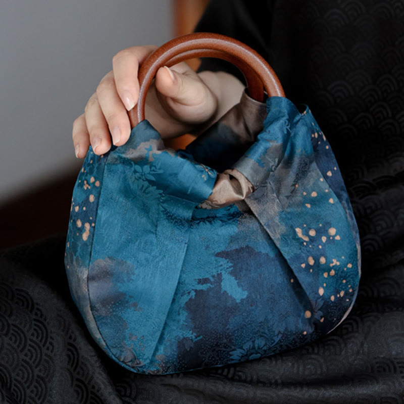 Nimara Ritual Handmade Jacquard Flower Blue Wooden Handle Handbag