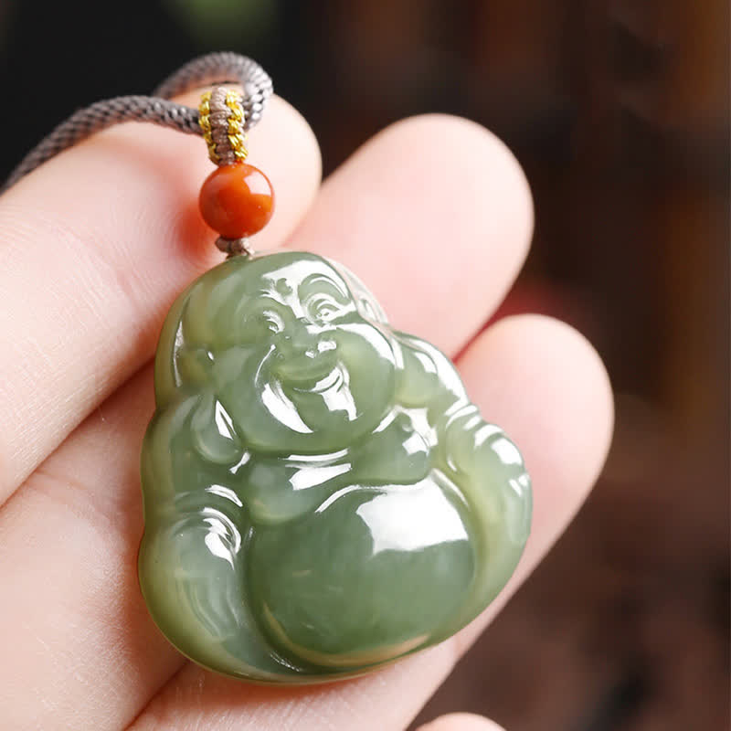Nimara Ritual Laughing Buddha Hetian Jade Abundance Necklace String Pendant