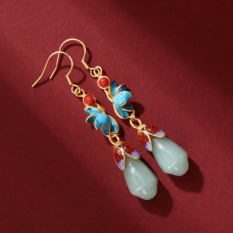 Nimara Ritual Magnolia Flower Jade Pattern Luck Prosperity Drop Dangle Earrings