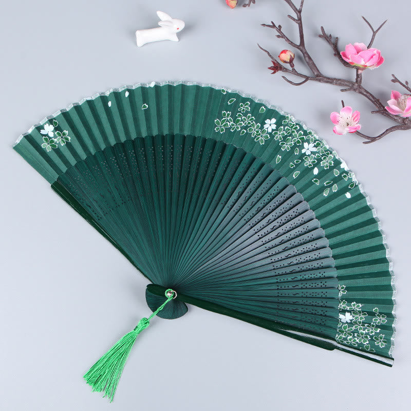 Nimara Ritual Cherry Blossom Sakura Camellia Handheld Silk Bamboo Folding Fan 21cm