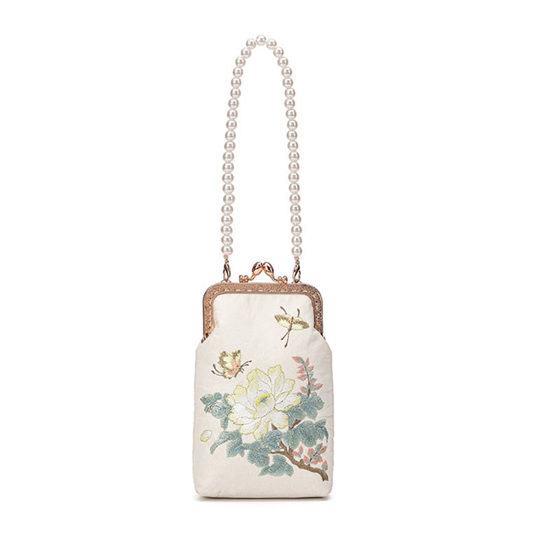 Nimara Ritual Small Flowers Butterfly Embroidered Pearl Metal Chain Shoulder Bag Crossbody Handbag Cellphone Bag