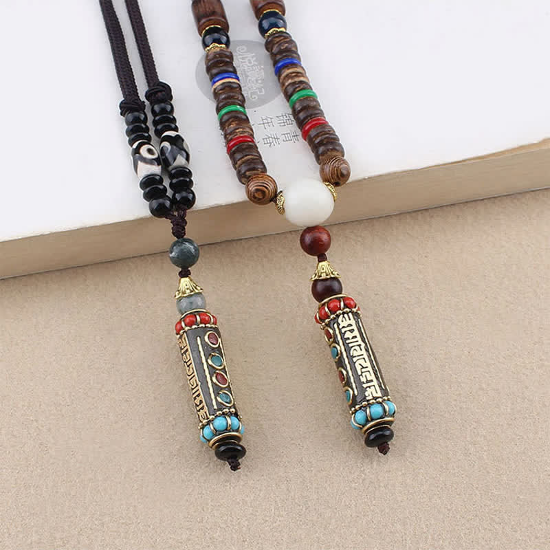 Nimara Ritual Tibetan Om Mani Padme Hum Dzi Bead Wenge Wood Necklace Pendant