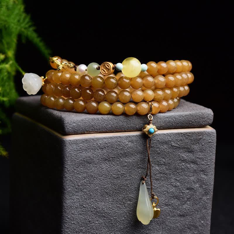 Nimara Ritual Natural Hetian Topaz Amber Lotus White Jade Pearl Success Bracelet