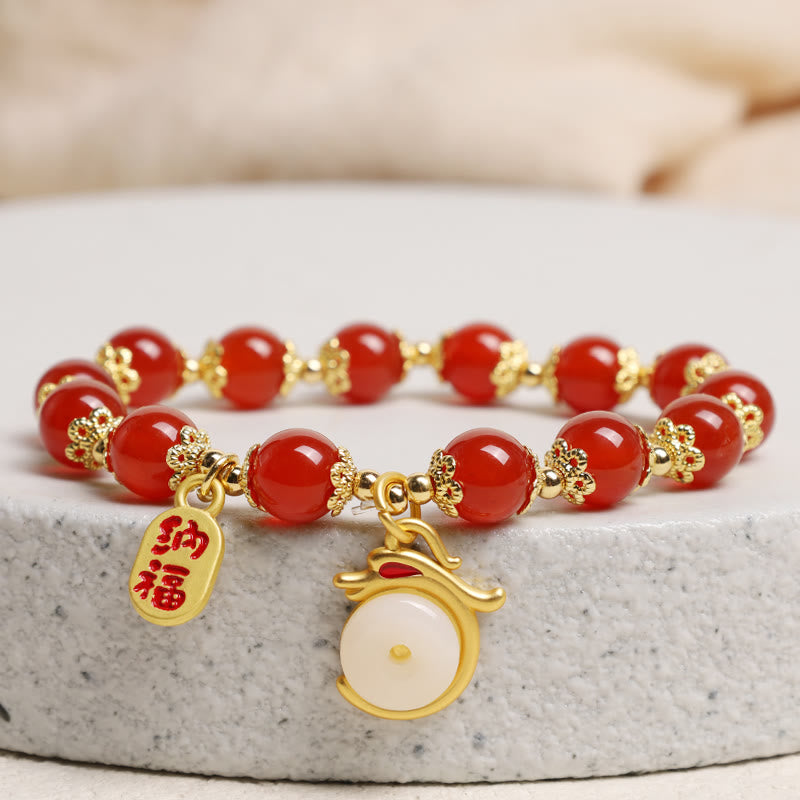 Nimara Ritual Year of the Dragon Red Agate Green Aventurine Peace Buckle Fu Character Lucky Fortune Bracelet