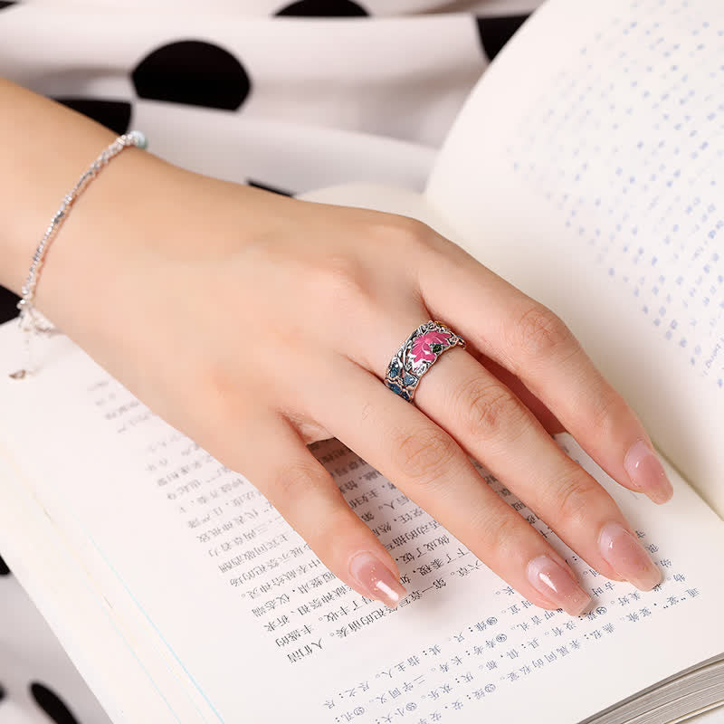 Nimara Ritual 925 Sterling Silver Lotus Koi Fish Enlightenment Ring
