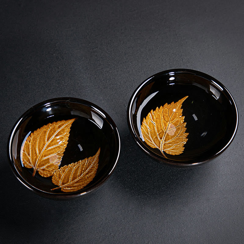 Nimara Ritual Gold Maple Leaf Chinese Jianzhan Ceramic Teacup Tenmoku Kung Fu Tea Cup Bowl