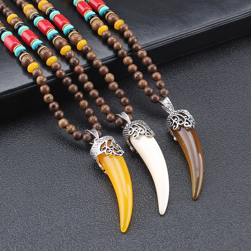 Nimara Ritual Wenge Wood Turquoise Stone Horn Style Protection Meditation Necklace Pendant