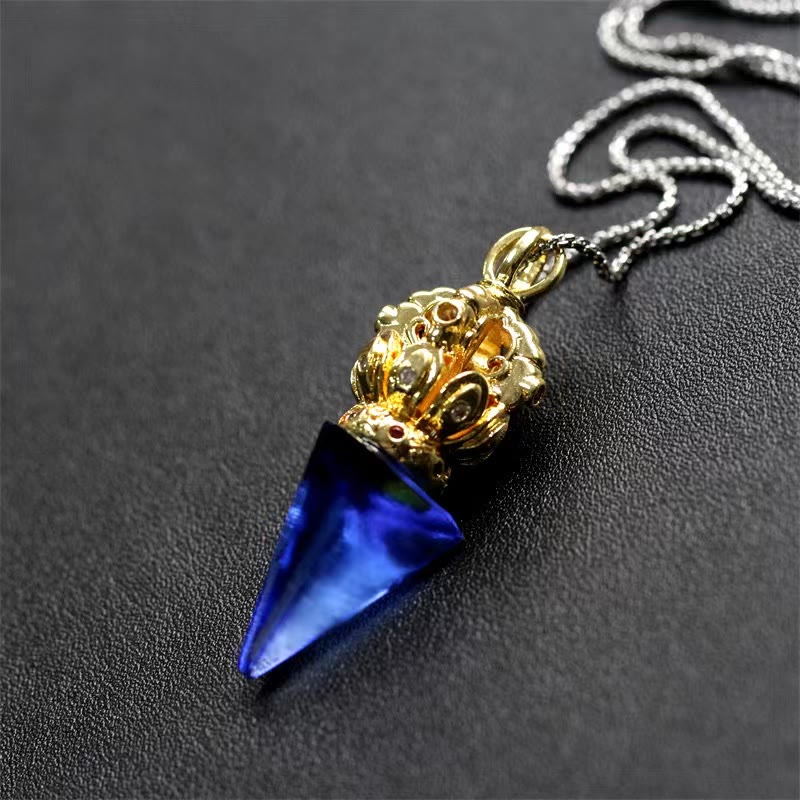 Nimara Ritual Tibetan Dorje Vajra 4 Prong Lotus Liuli Crystal Strength Necklace Pendant