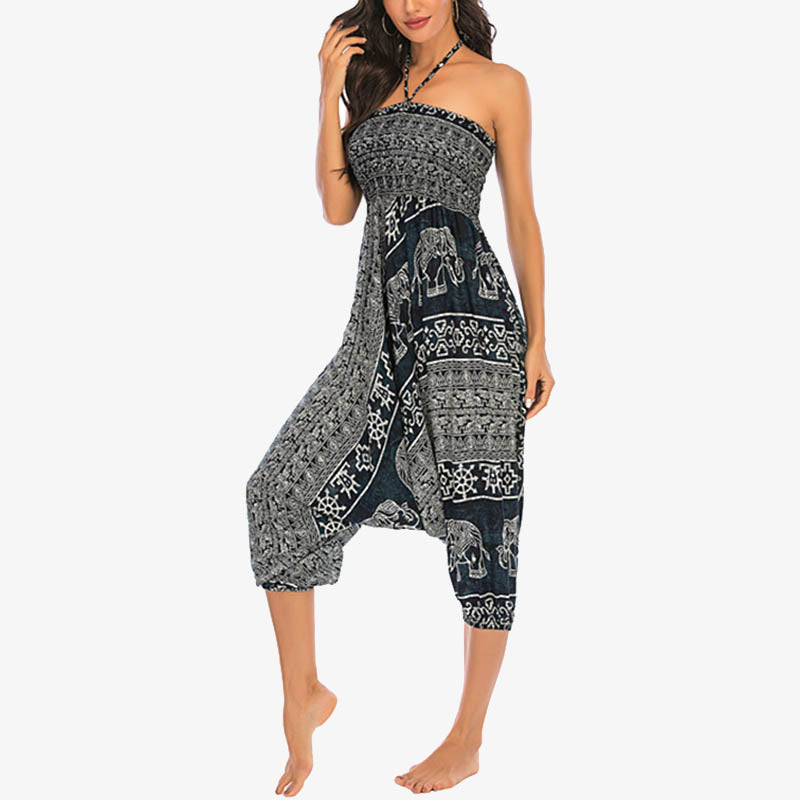 Nimara Ritual Two Style Wear Elephant Pattern Loose Smocked Harem Trousers Jumpsuit Women's Yoga Pants