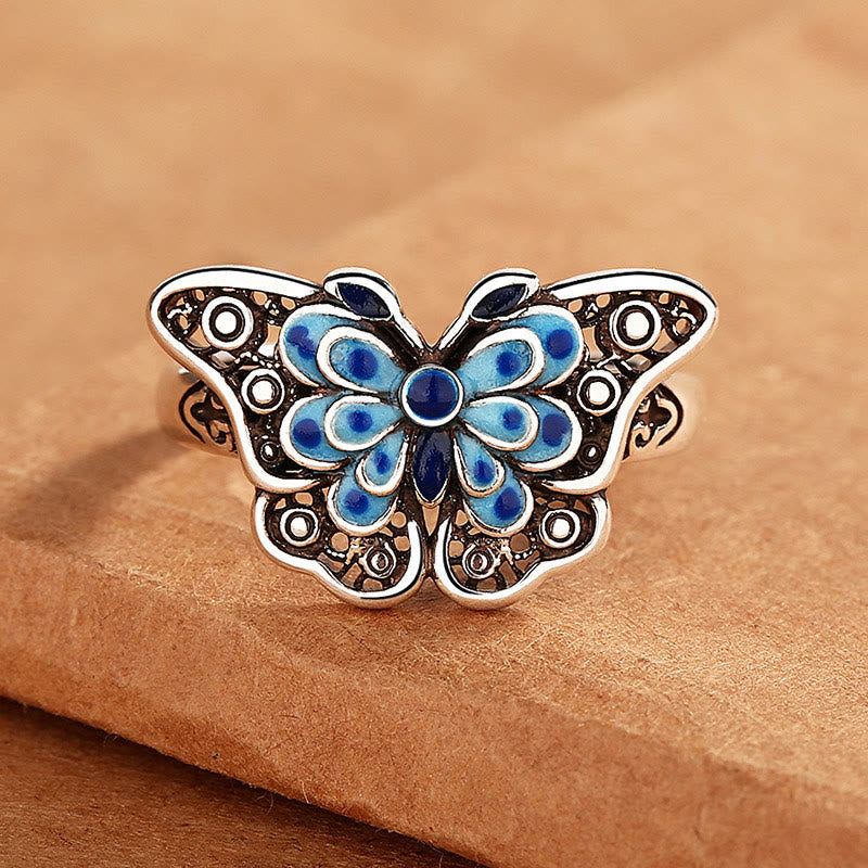 Nimara Ritual Hollow Enamel Blue Butterfly Pattern Love Ring
