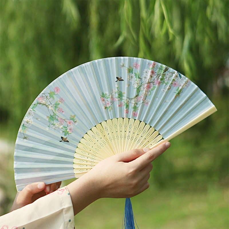 Nimara Ritual Classic Birds Singing Flowers Handheld Bamboo Folding Fan
