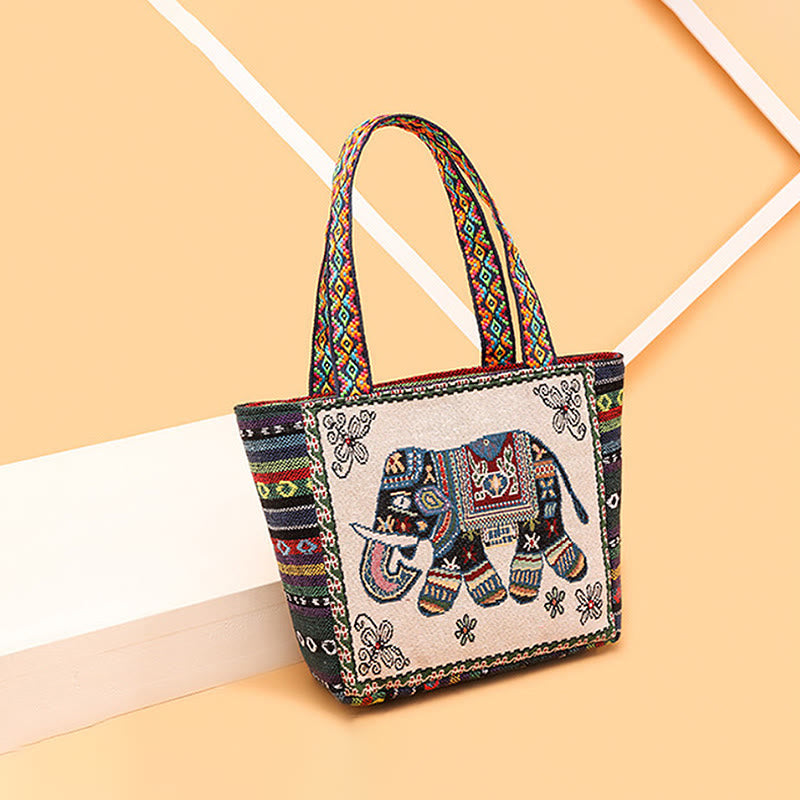Nimara Ritual Elephant Butterfly Embroidered Large Capacity Canvas Tote Bag Shoulder Bag