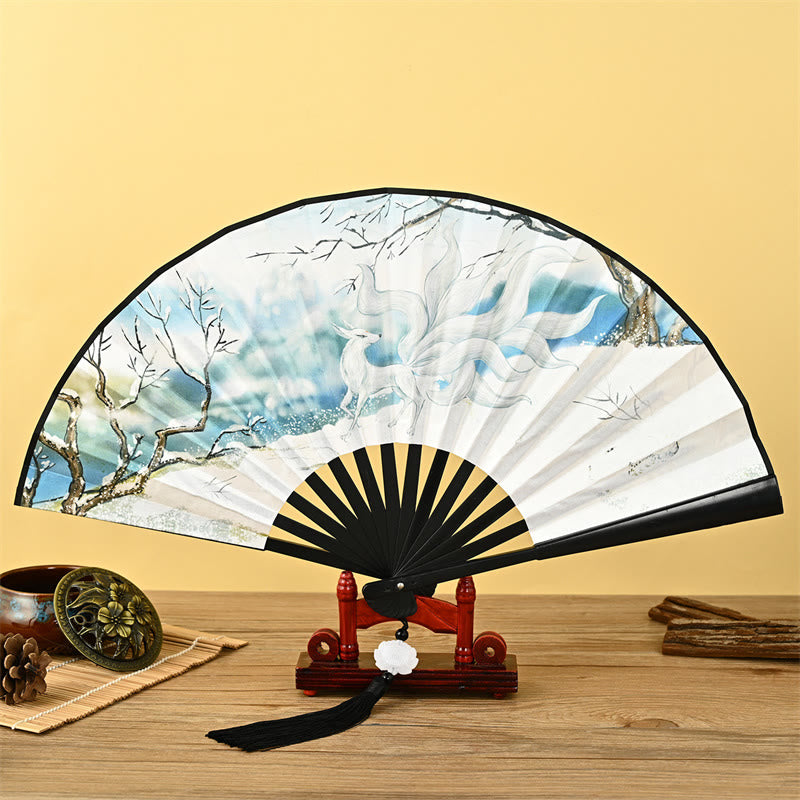 Nimara Ritual Vintage Phoenix Nine Tailed Fox Flower Bamboo Tiger Handheld Folding Fan Lotus Tassel Fan