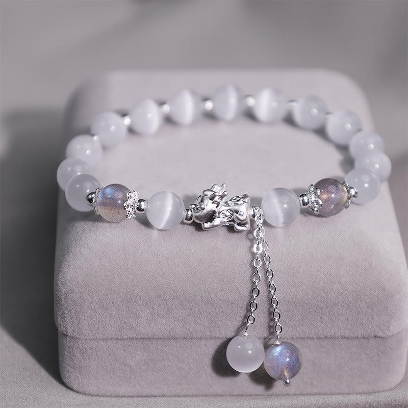 Nimara Ritual Natural Cat's Eye Moonstone Strawberry Quartz PiXiu Support Bracelet