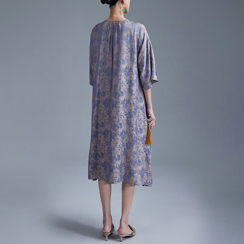 Nimara Ritual Small Flower Leaf Jacquard Chinese Cheongsam Qipao Midi Dress With Pockets