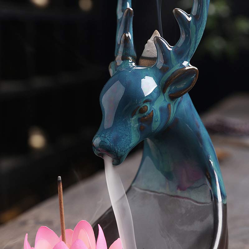 Nimara Ritual Little Deer Ceramic Lotus Meditation Incense Burner Decoration