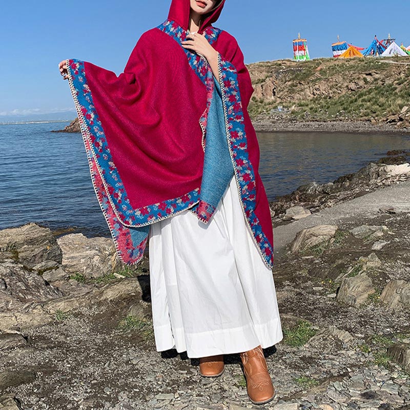 Nimara Ritual Tibetan Shawl Border Small Floral Flower Hooded Cloak Winter Cozy Travel Scarf Wrap