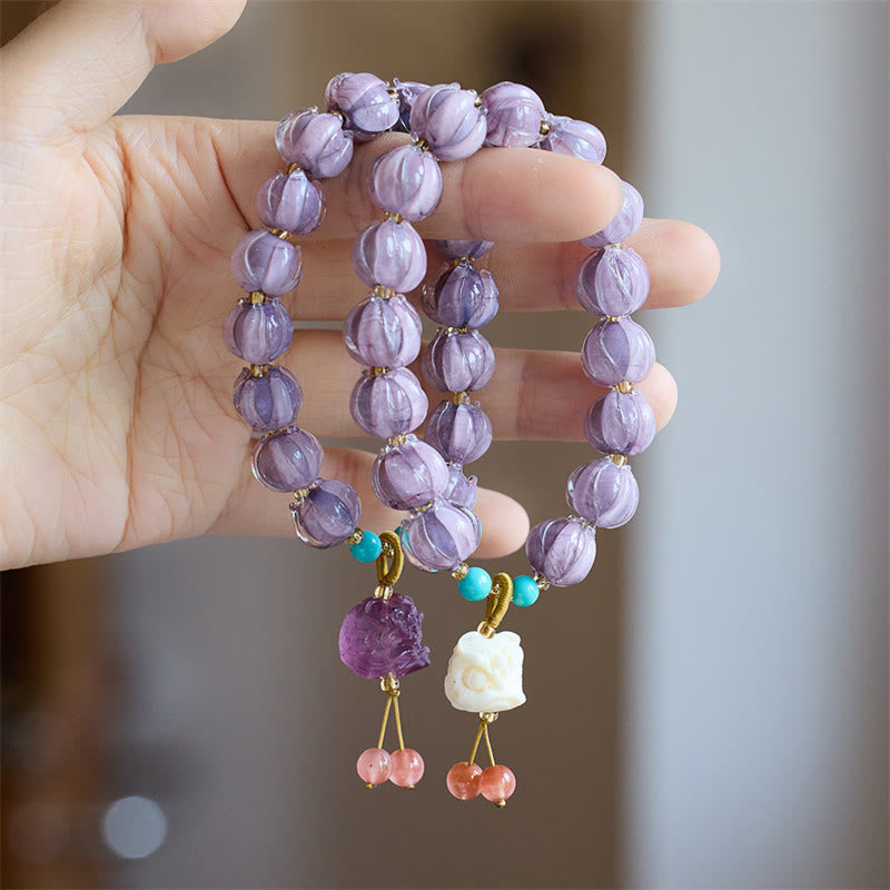 Nimara Ritual Liuli Glass Bead Lotus Design Fluorite Ivory Fruit Dancing Lion Charm Enlightenment Bracelet