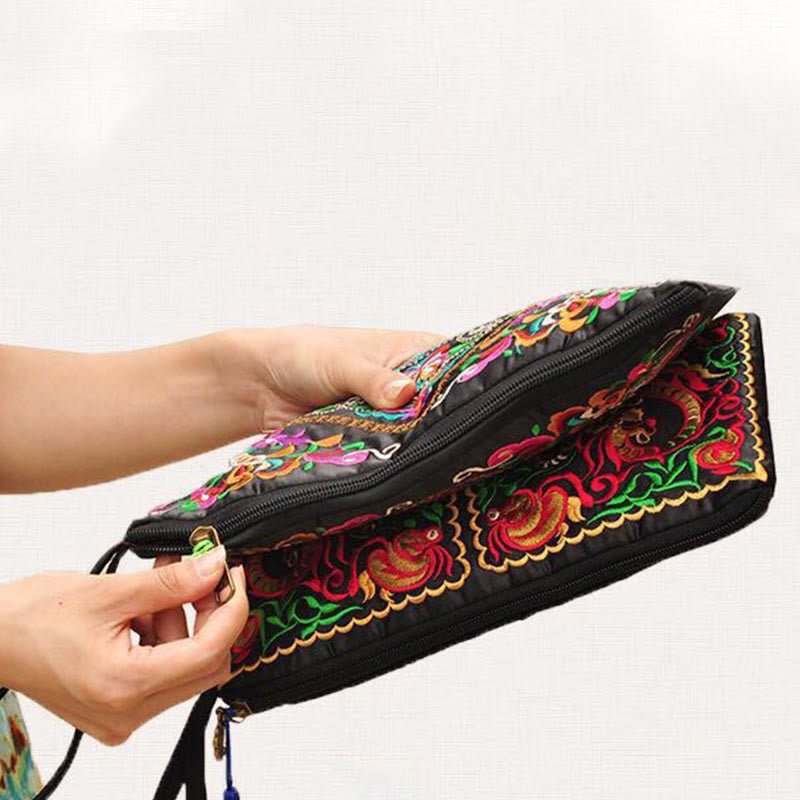 Nimara Ritual Dragon Butterfly Cosmos Flower Embroidery Wallet Shopping Purse