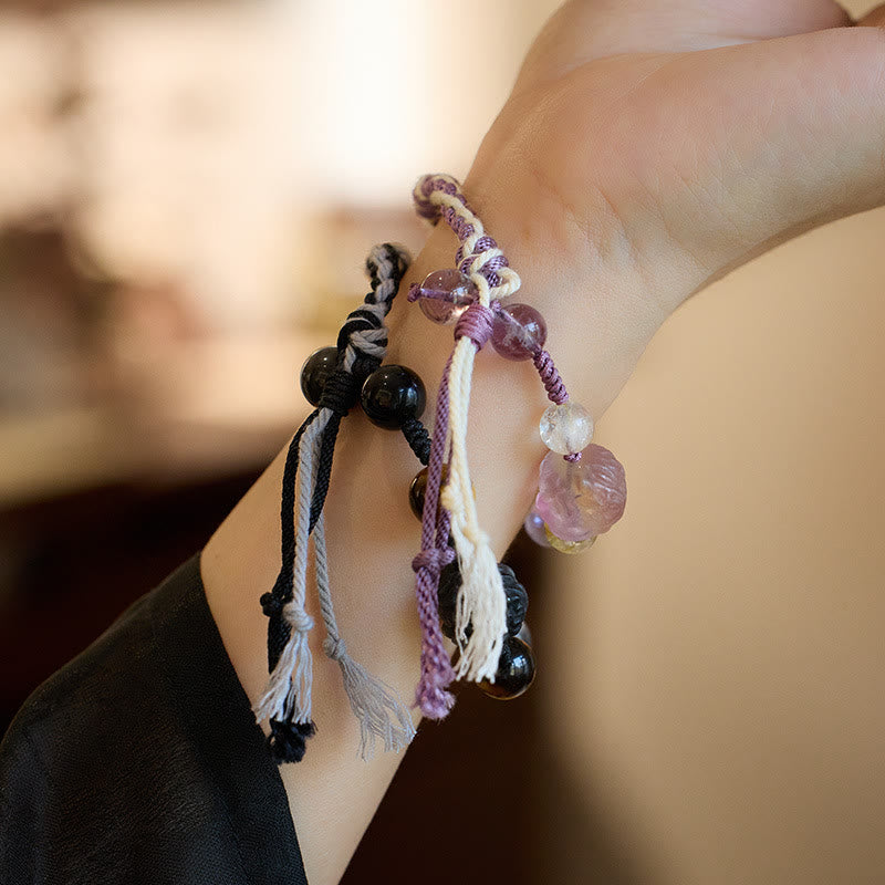 Nimara Ritual Natural Fluorite Amethyst Silver Sheen Obsidian Tiger's Eye Protection Rope Bracelet
