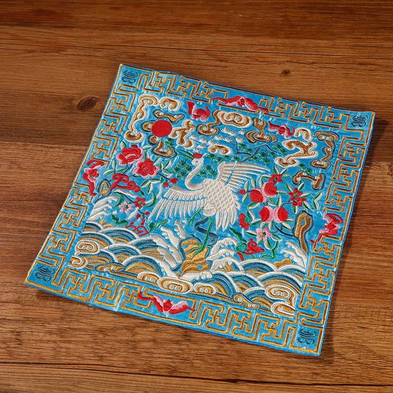 Nimara Ritual Crane Phoenix Dragon Kirin Embroidered Cup Mat Pad Tea Cup Coaster Square Kung Fu Tea Mat