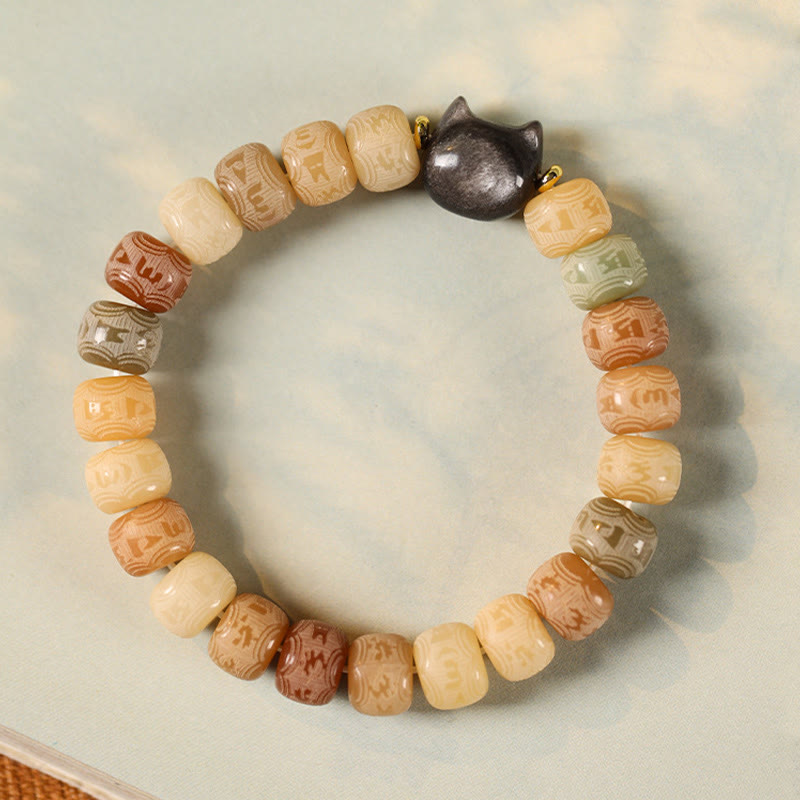 Nimara Ritual Bodhi Seed Silver Sheen Obsidian Cat Head Om Mani Padme Hum Engraved Harmony Bracelet