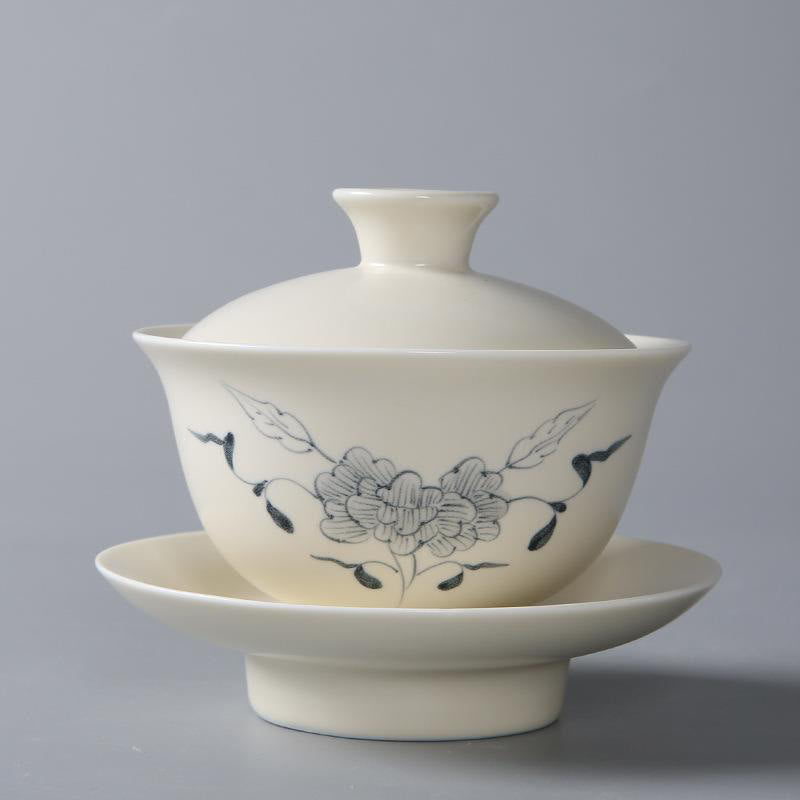 Nimara Ritual Hand Painted Pomegranate Hibiscus Pine Lotus Ceramic Gaiwan Sancai Teacup Kung Fu Tea Cup And Saucer With Lid