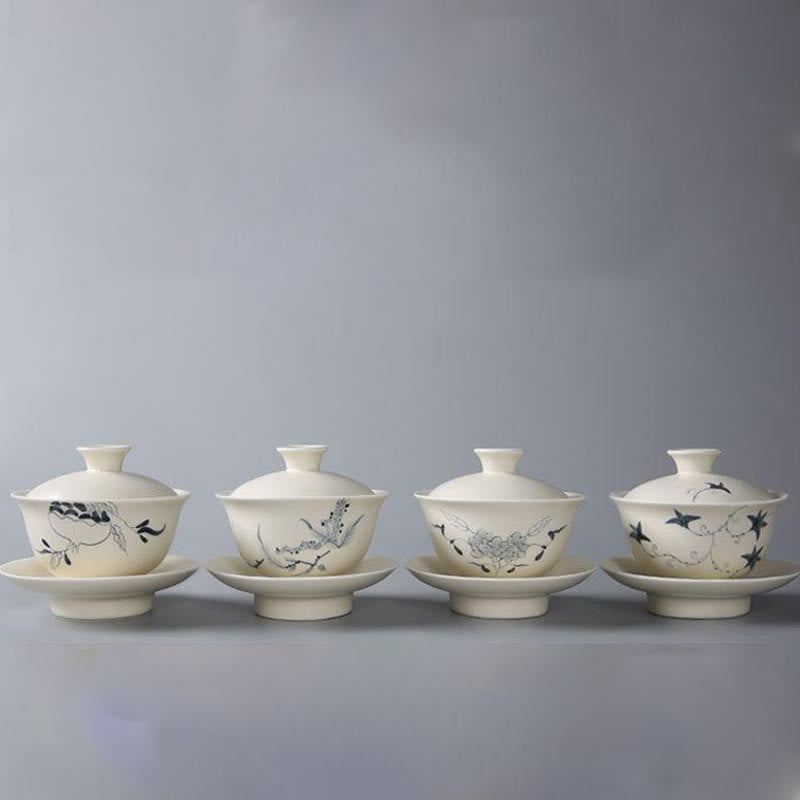 Nimara Ritual Hand Painted Pomegranate Hibiscus Pine Lotus Ceramic Gaiwan Sancai Teacup Kung Fu Tea Cup And Saucer With Lid