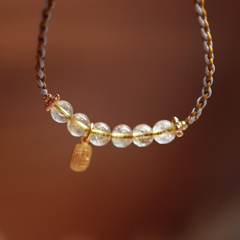 Nimara Ritual 925 Sterling Silver Natural Jade Gourd Rutilated Quartz Fu Character Luck Braid Bracelet